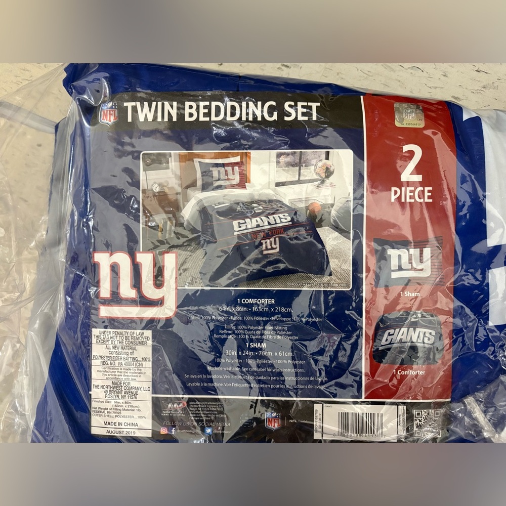 NWT New York Giants Twin 2 pc Bedding Comforter Pillow Sham Set NFL